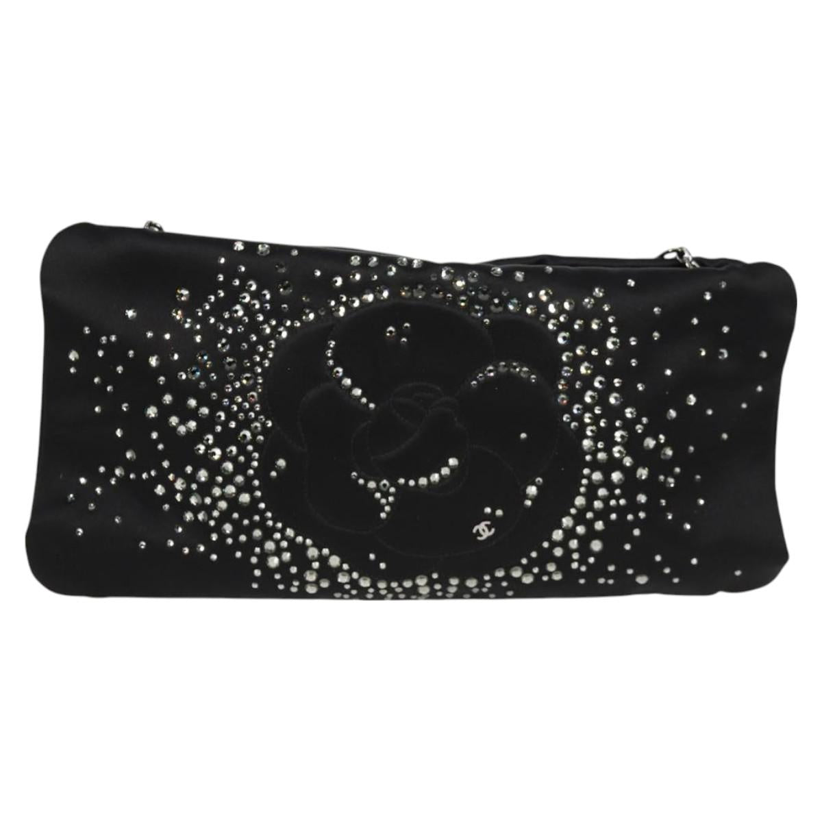 Chanel Camellia Rhinestone Chain Accessory Pouch Satin Black Cc
