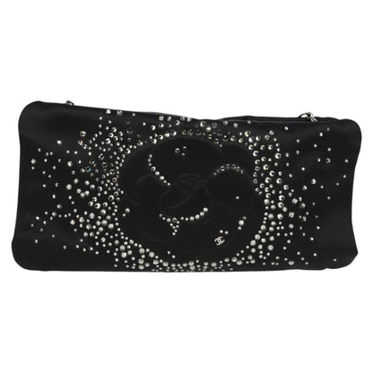 Chanel Camellia Rhinestone Chain Accessory Pouch Satin Black Cc