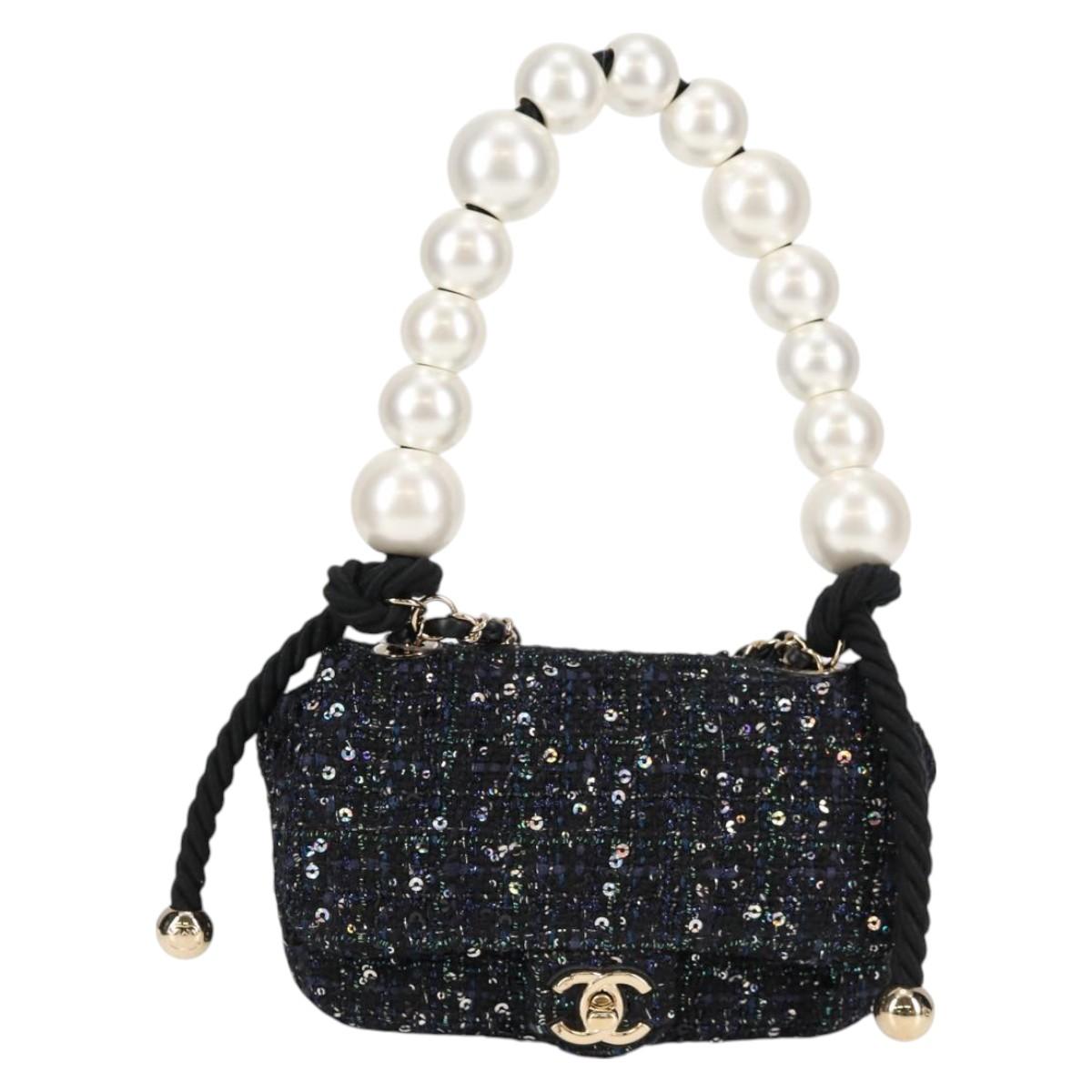 Chanel Chain Pearl Shoulder Bag Tweed Navy Gold Black Cc