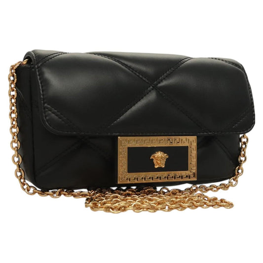 Versace Chain Shoulder Bag Leather Black Gold