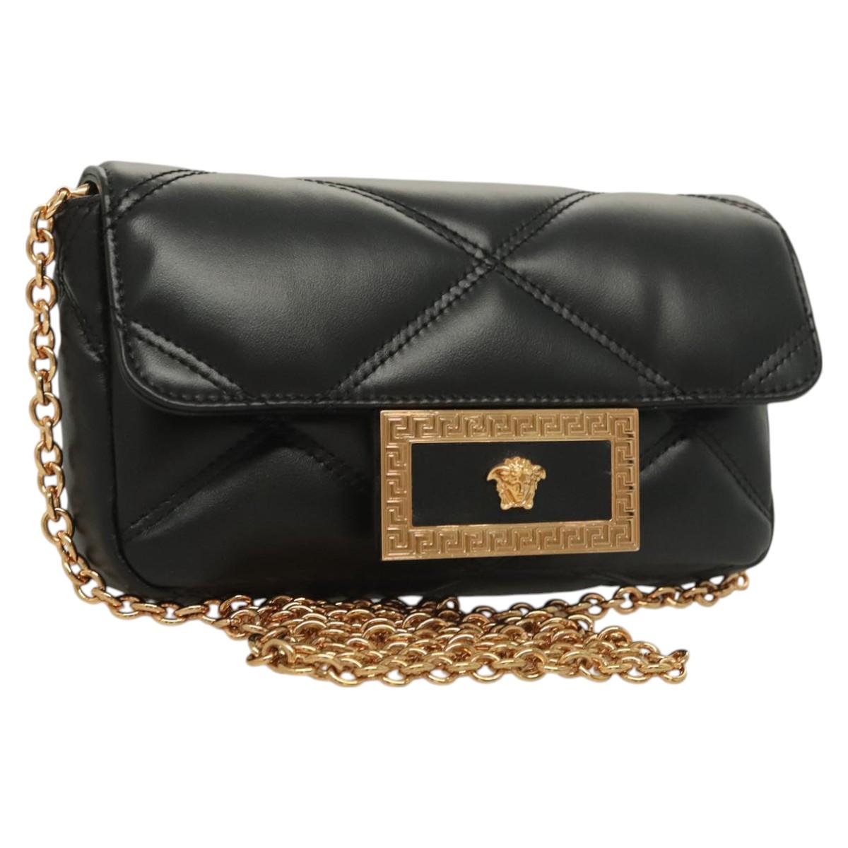 Versace Chain Shoulder Bag Leather Black Gold