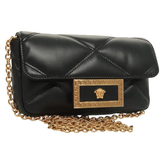 Versace Chain Shoulder Bag Leather Black Gold