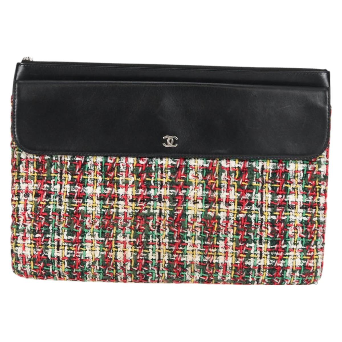 Chanel Clutch Bag Tweed Black Silver Cc