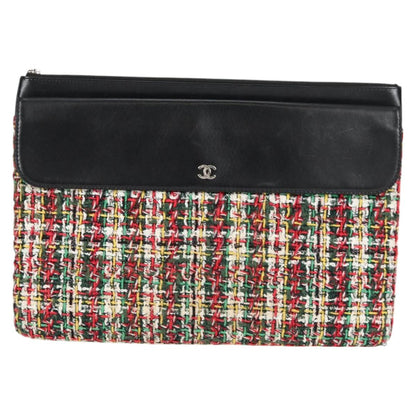 Chanel Clutch Bag Tweed Black Silver Cc