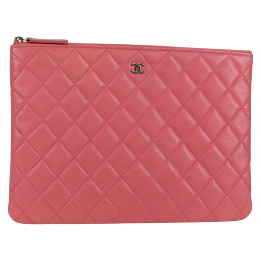 Chanel Matelasse Clutch Bag Lamb Skin Pink Silver Cc