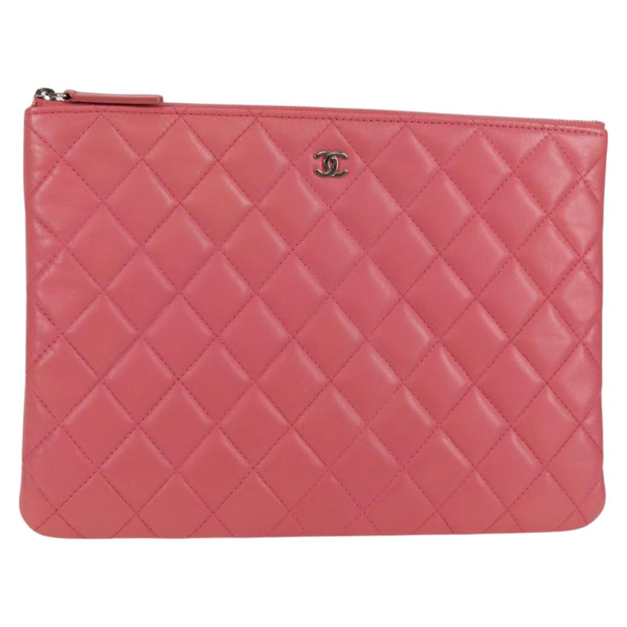 Chanel Matelasse Clutch Bag Lamb Skin Pink Silver Cc