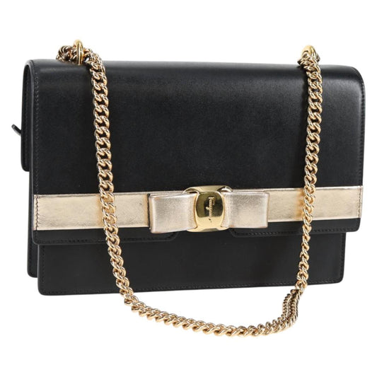 Salvatore Ferragamo Vala Chain Shoulder Bag Leather Black Gold