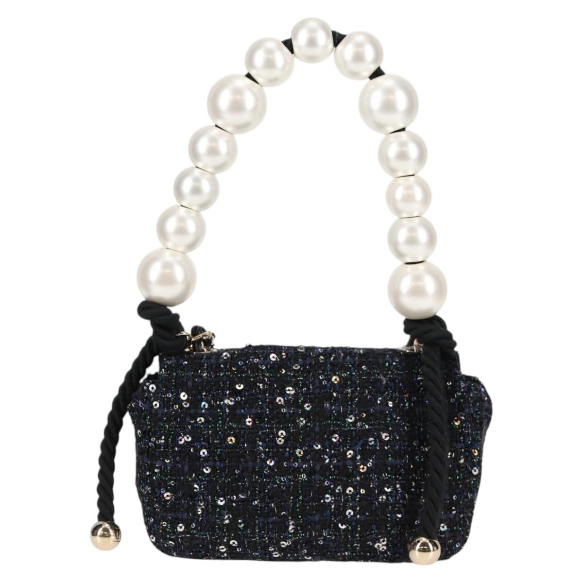 Chanel Chain Pearl Shoulder Bag Tweed Navy Gold Black Cc
