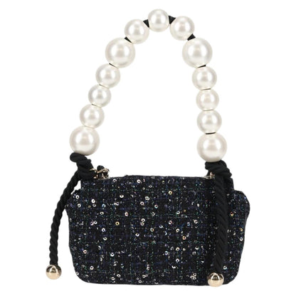 Chanel Chain Pearl Shoulder Bag Tweed Navy Gold Black Cc