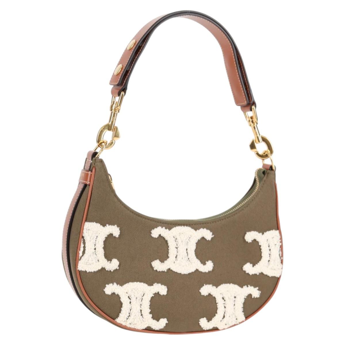 Celine Triomphe Ava Shoulder Bag Canvas Leather Pile Khaki Gold