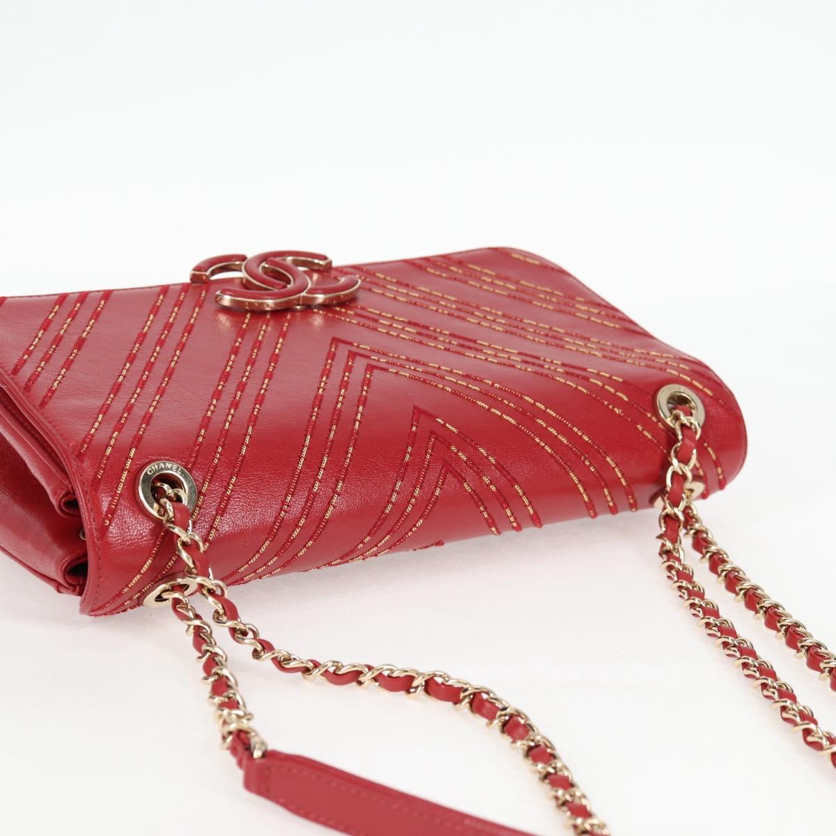 Chanel Chain V Stitch Shoulder Bag Lamb Skin Red Gold Cc