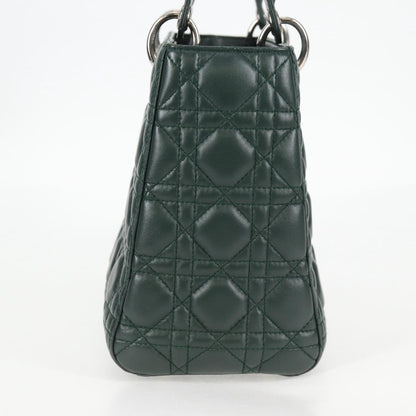 Christian Dior Canage Lady Dior Hand Bag Lamb Skin 2WAY Green Gold