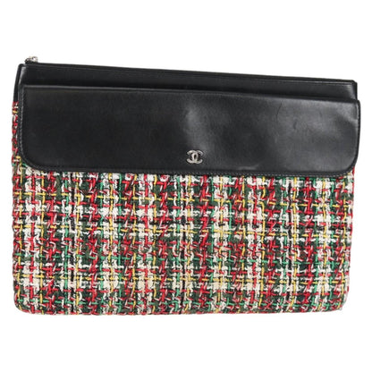Chanel Clutch Bag Tweed Black Silver Cc