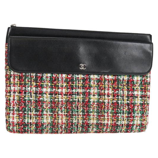 Chanel Clutch Bag Tweed Black Silver Cc