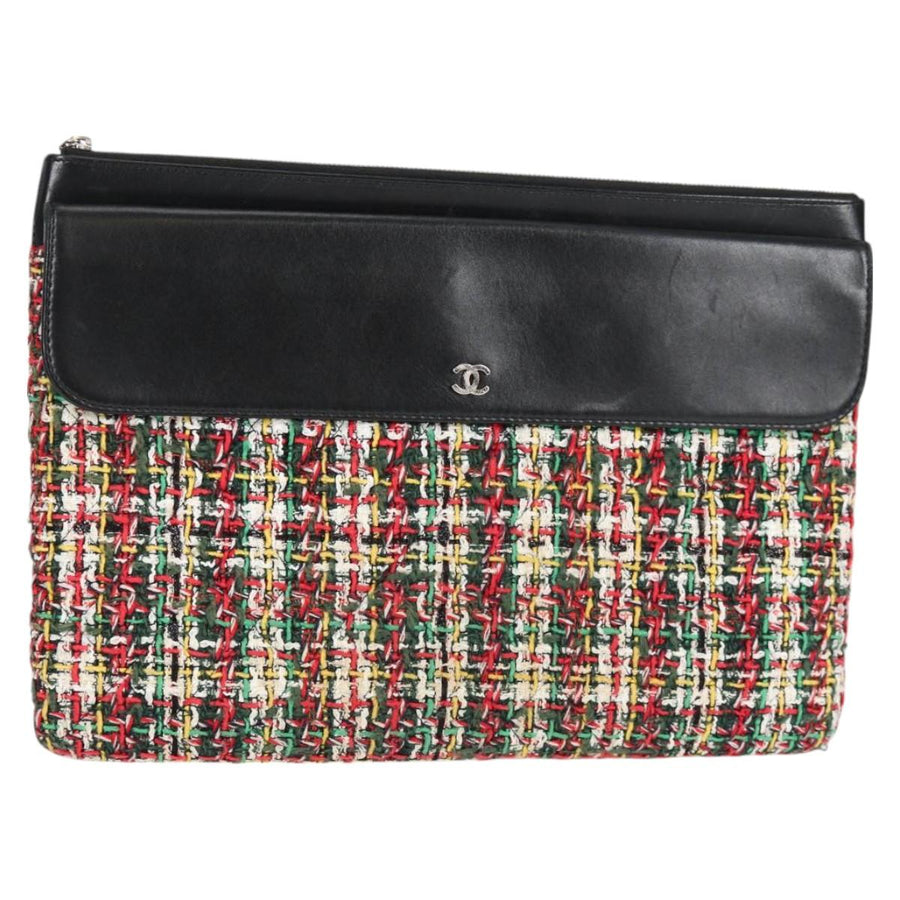 Chanel Clutch Bag Tweed Black Silver Cc