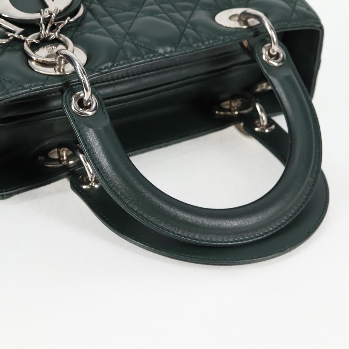 Christian Dior Canage Lady Dior Hand Bag Lamb Skin 2WAY Green Gold