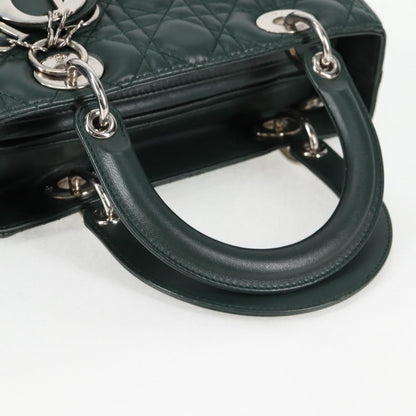 Christian Dior Canage Lady Dior Hand Bag Lamb Skin 2WAY Green Gold