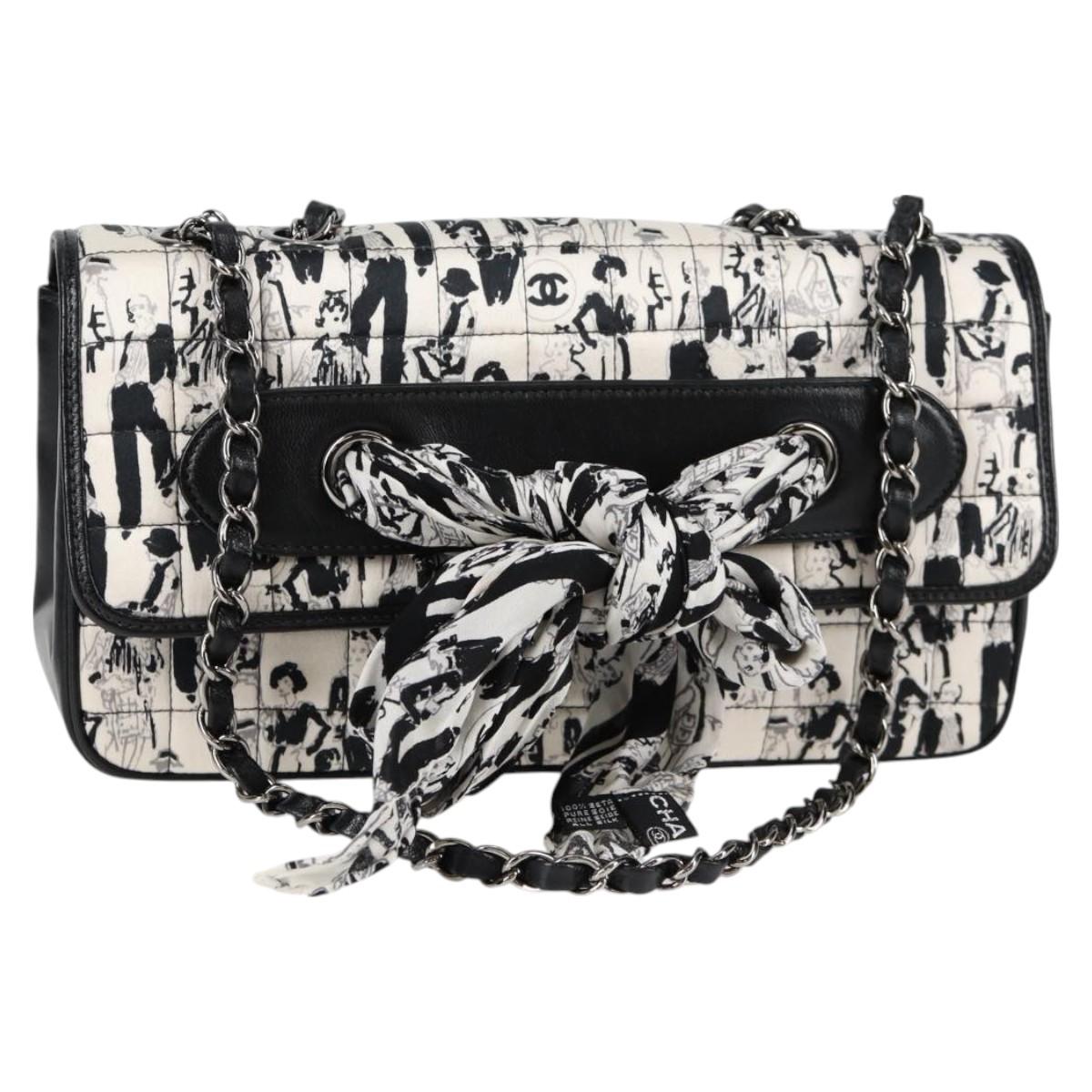 Chanel Chain Coco Mark Choco Bar Shoulder Bag Satin Black White Cc