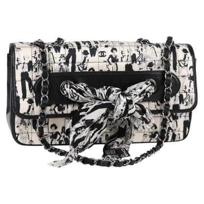 Chanel Chain Coco Mark Choco Bar Shoulder Bag Satin Black White Cc