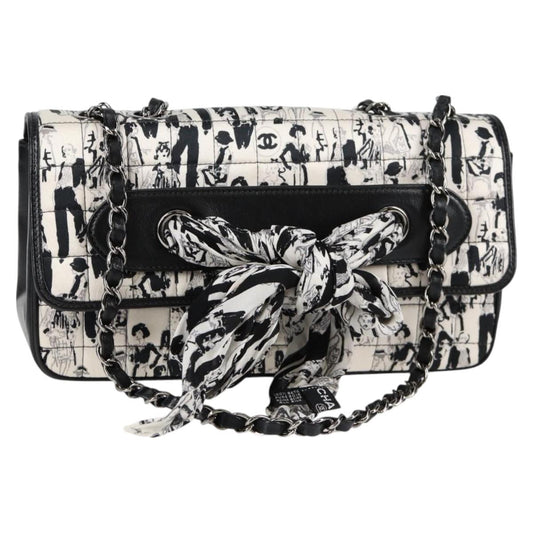 Chanel Chain Coco Mark Choco Bar Shoulder Bag Satin Black White Cc