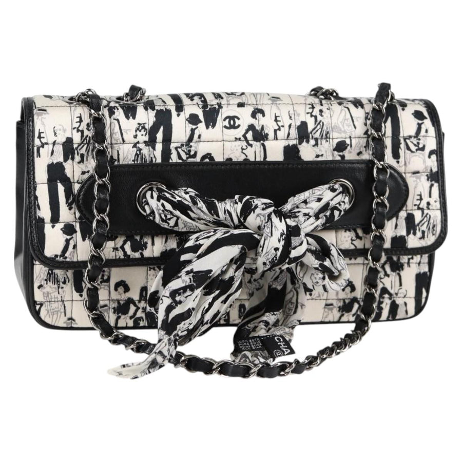Chanel Chain Coco Mark Choco Bar Shoulder Bag Satin Black White Cc