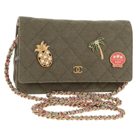 Chanel Matelasse Chain Shoulder Bag Canvas Green Gold Cc