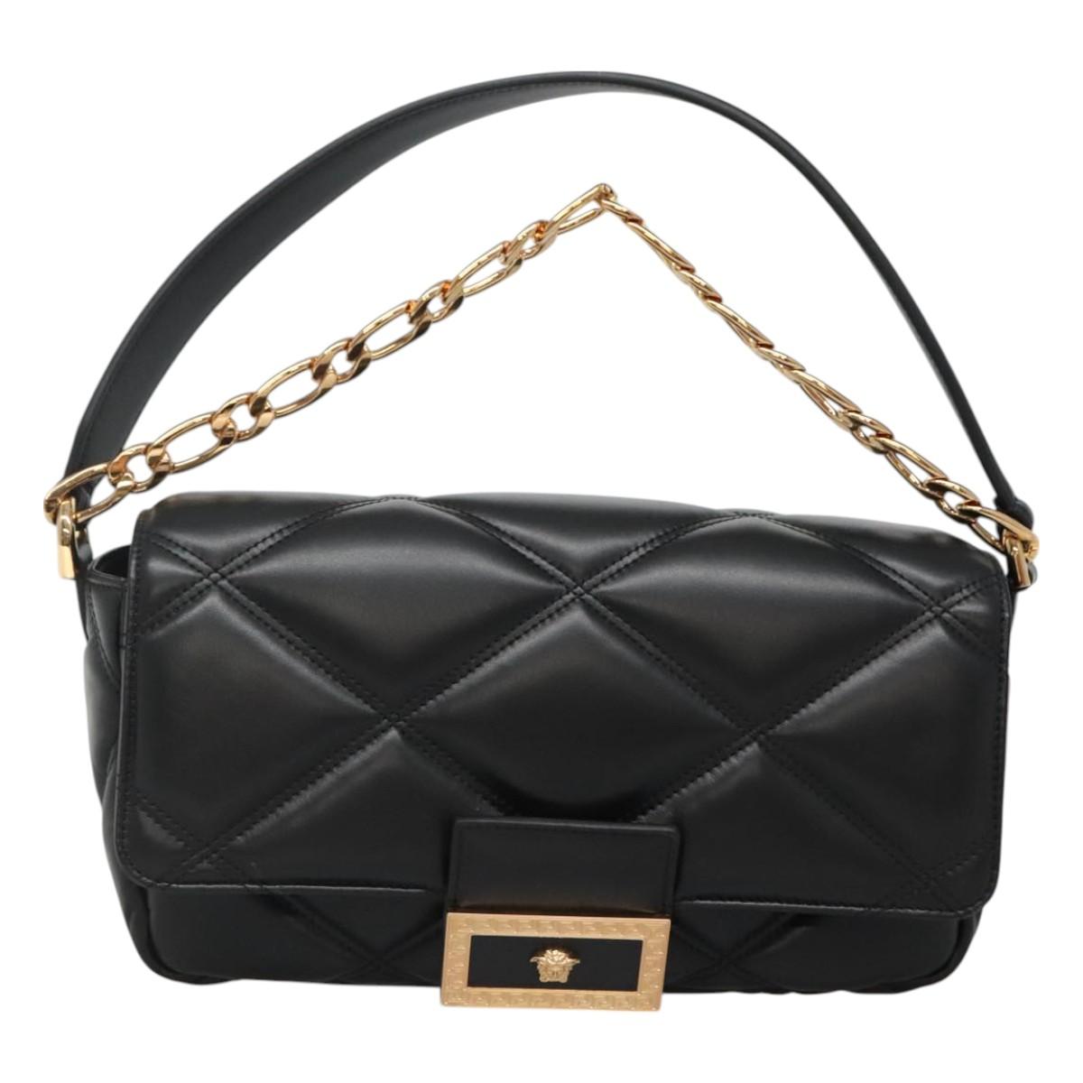 Versace Chain Hand Bag Leather 3WAY Black Gold