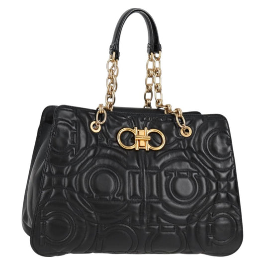 Salvatore Ferragamo Chain Tote Bag Leather Black Gold