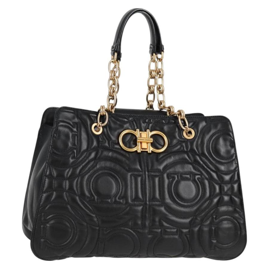 Salvatore Ferragamo Chain Tote Bag Leather Black Gold