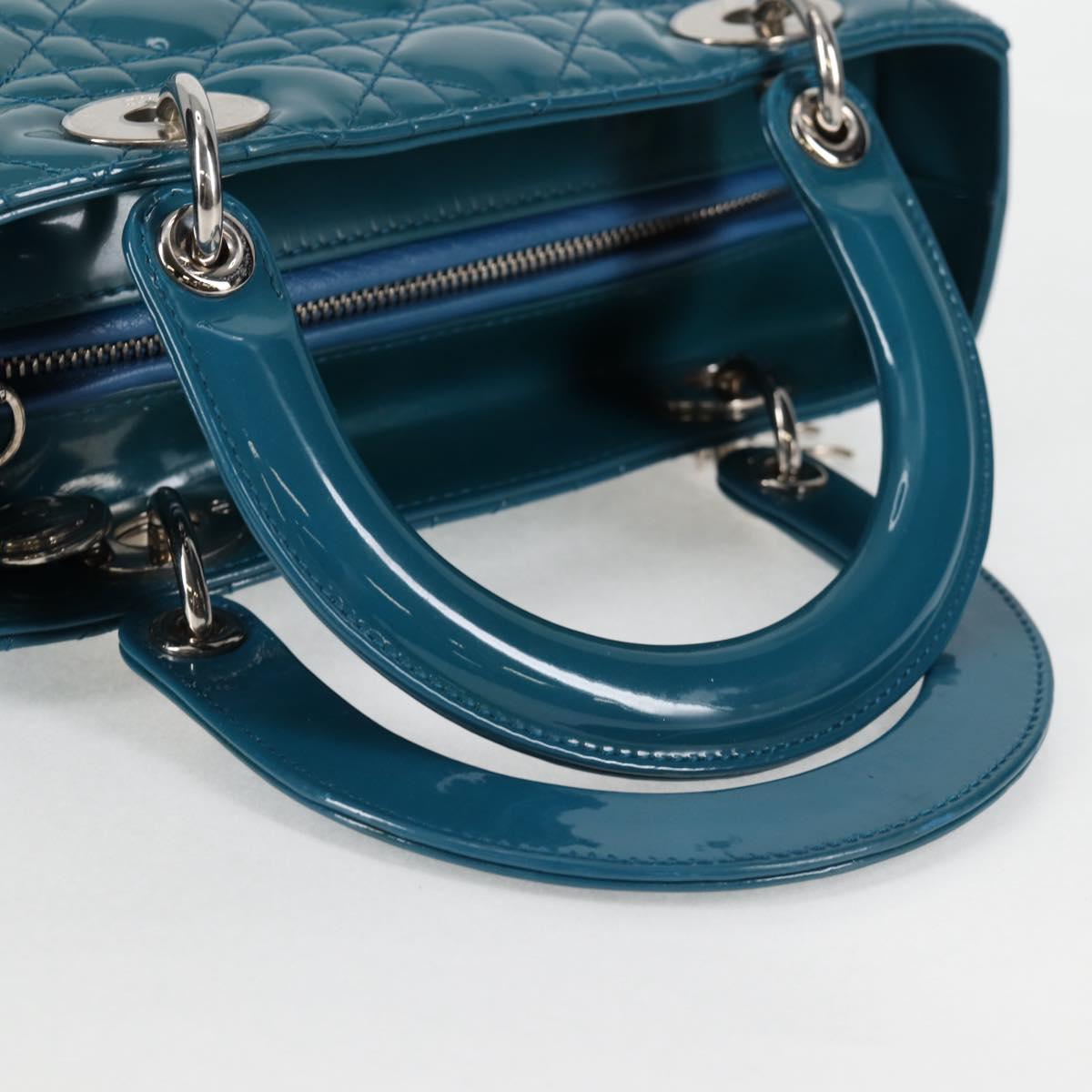 Christian Dior Lady Dior Canage Hand Bag Patent 2WAY Blue Silver
