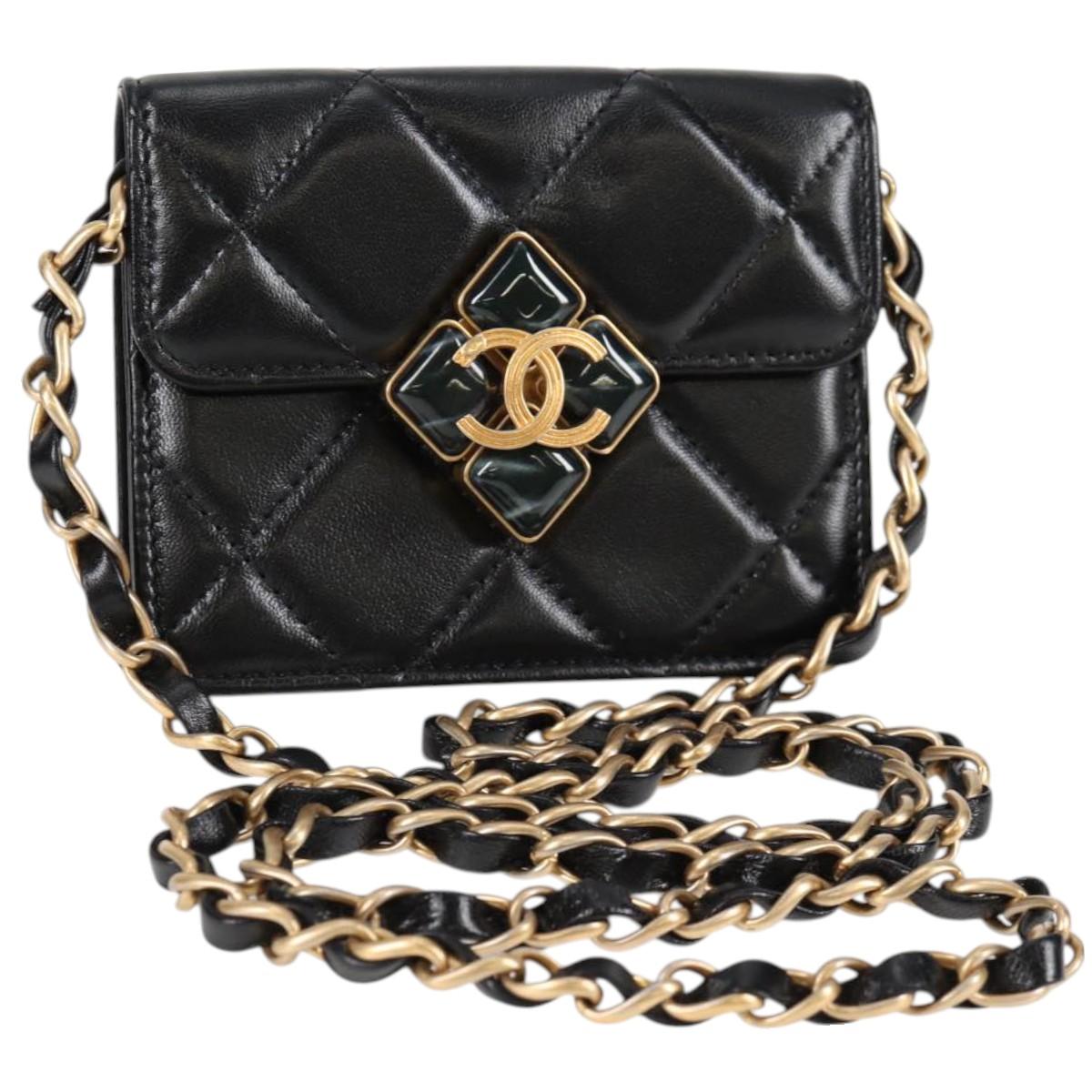 Chanel Matelasse Chain Pouch Shoulder Bag Lamb Skin Black Gold Cc