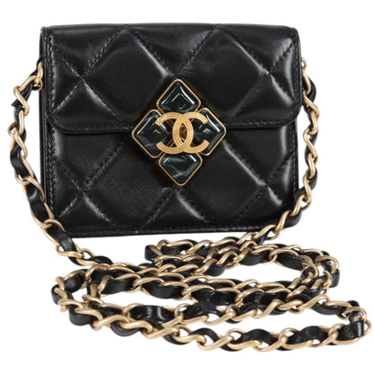 Chanel Matelasse Chain Pouch Shoulder Bag Lamb Skin Black Gold Cc