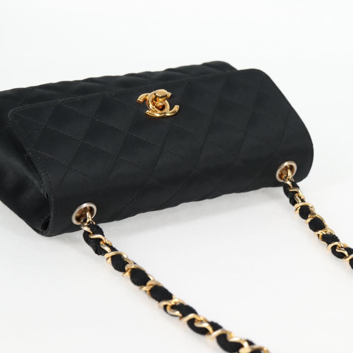 Chanel Matelasse Chain Shoulder Bag Satin Black Gold Cc