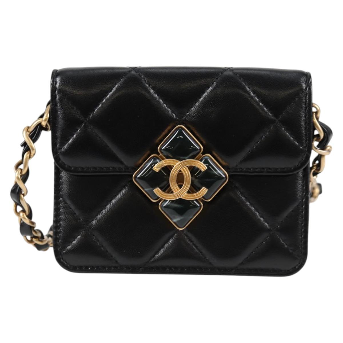 Chanel Matelasse Chain Pouch Shoulder Bag Lamb Skin Black Gold Cc
