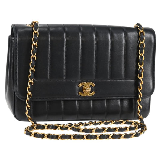 Chanel Mademoiselle Chain Shoulder Bag Lamb Skin Black Gold Cc