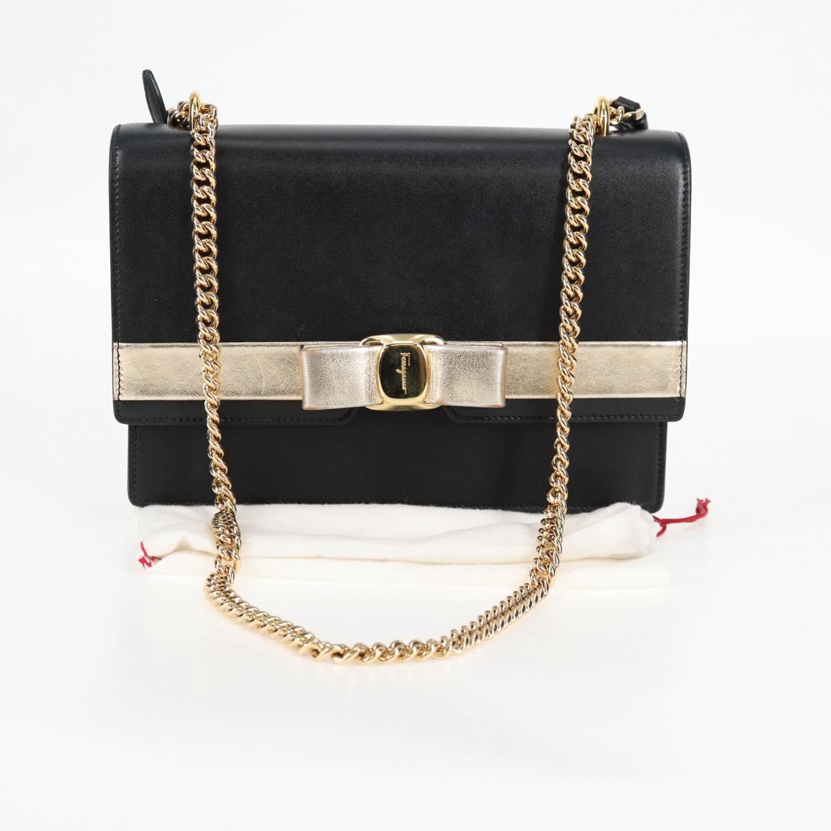 Salvatore Ferragamo Vala Chain Shoulder Bag Leather Black Gold