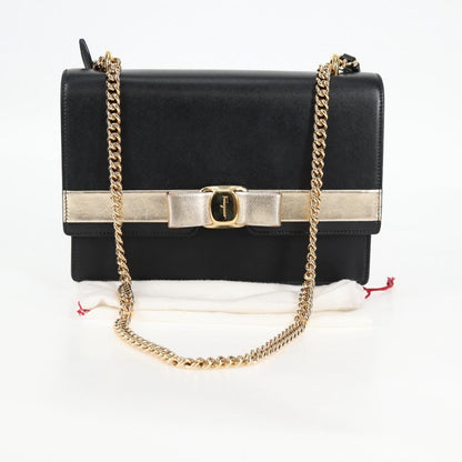 Salvatore Ferragamo Vala Chain Shoulder Bag Leather Black Gold