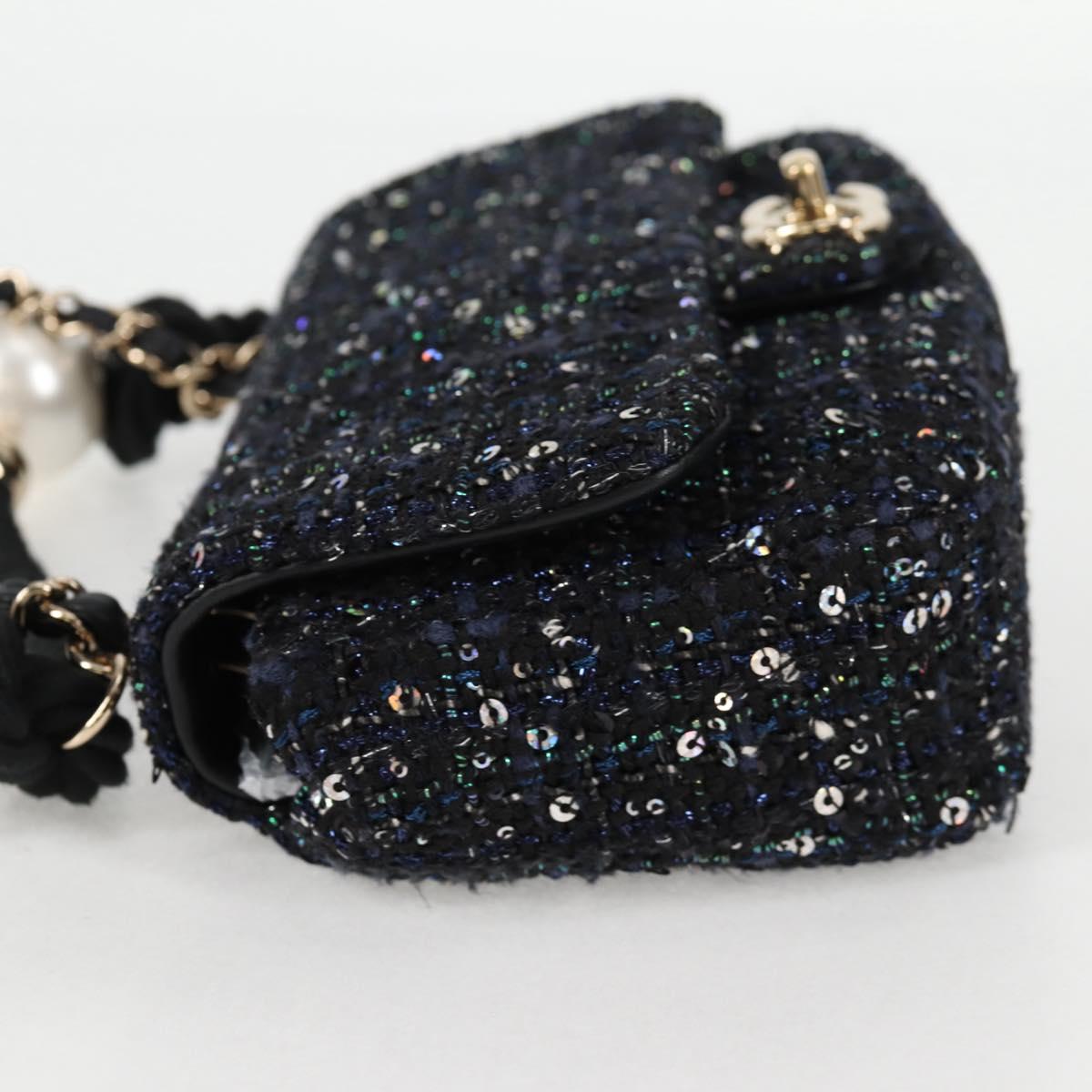Chanel Chain Pearl Shoulder Bag Tweed Navy Gold Black Cc