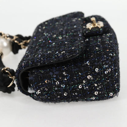 Chanel Chain Pearl Shoulder Bag Tweed Navy Gold Black Cc