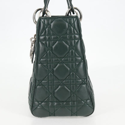 Christian Dior Canage Lady Dior Hand Bag Lamb Skin 2WAY Green Gold