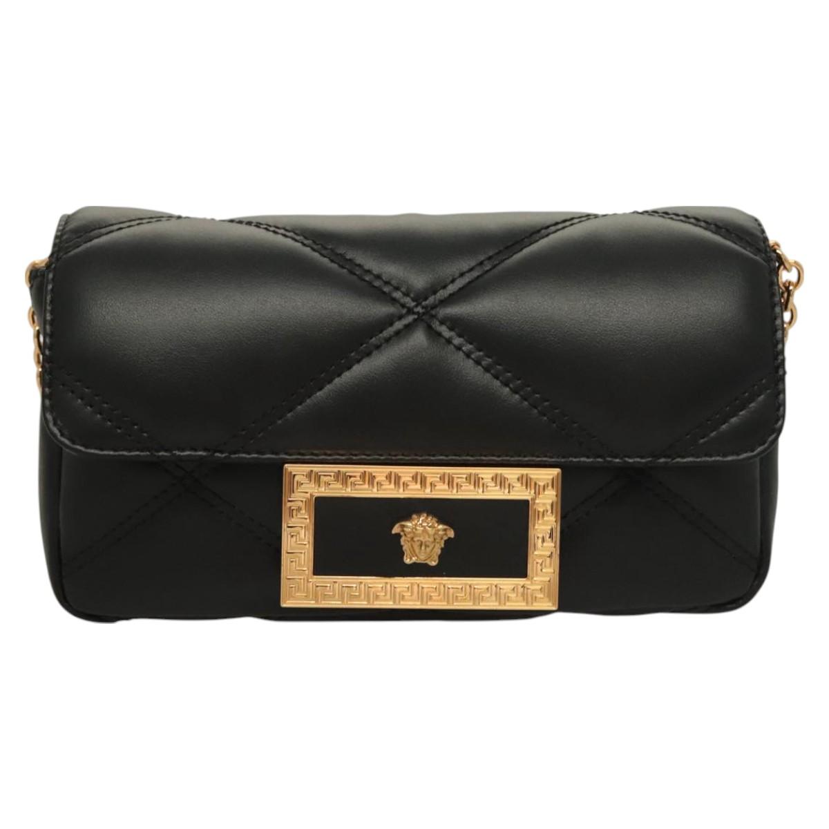 Versace Chain Shoulder Bag Leather Black Gold