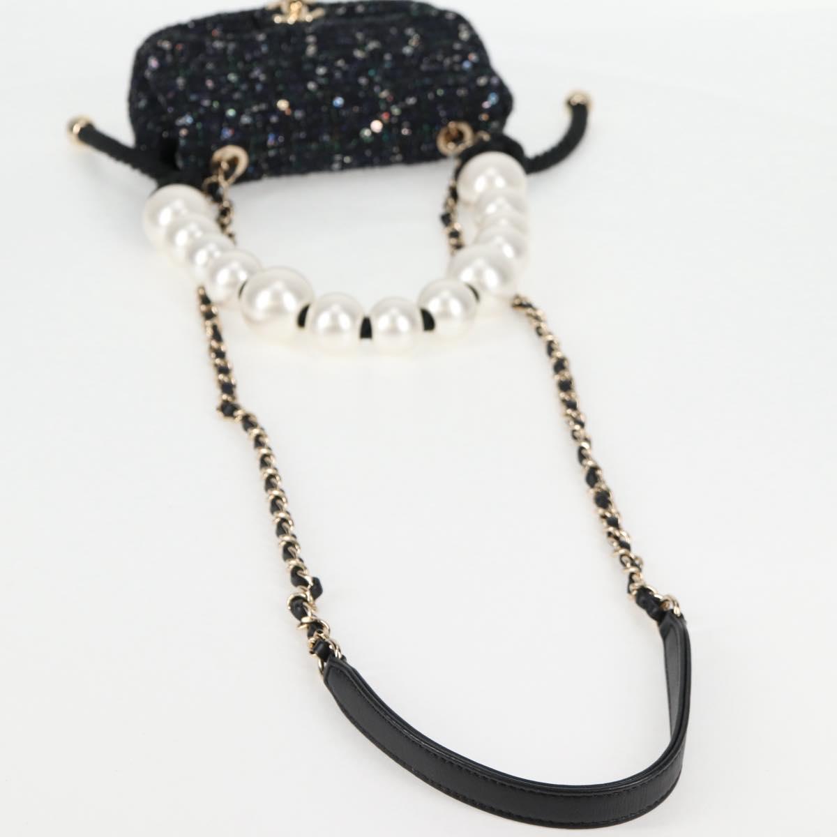 Chanel Chain Pearl Shoulder Bag Tweed Navy Gold Black Cc
