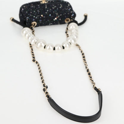 Chanel Chain Pearl Shoulder Bag Tweed Navy Gold Black Cc
