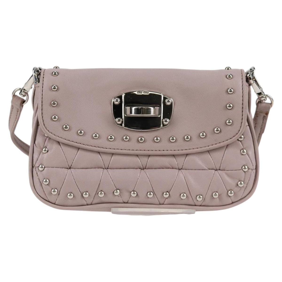 Miu Miu Studs Chain Shoulder Bag Leather Pink Silver