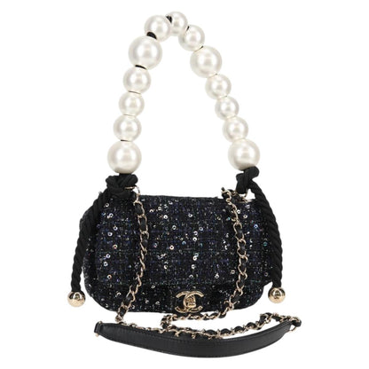 Chanel Chain Pearl Shoulder Bag Tweed Navy Gold Black Cc