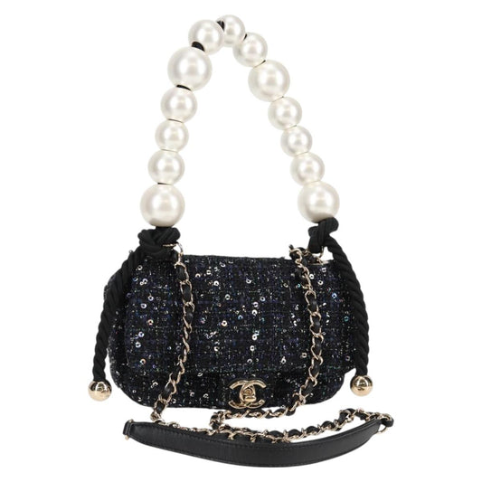 Chanel Chain Pearl Shoulder Bag Tweed Navy Gold Black Cc