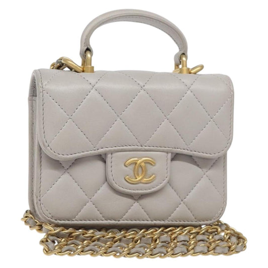 Chanel Matelasse Chain Wallet Shoulder Bag Lamb Skin Gray Gold Cc