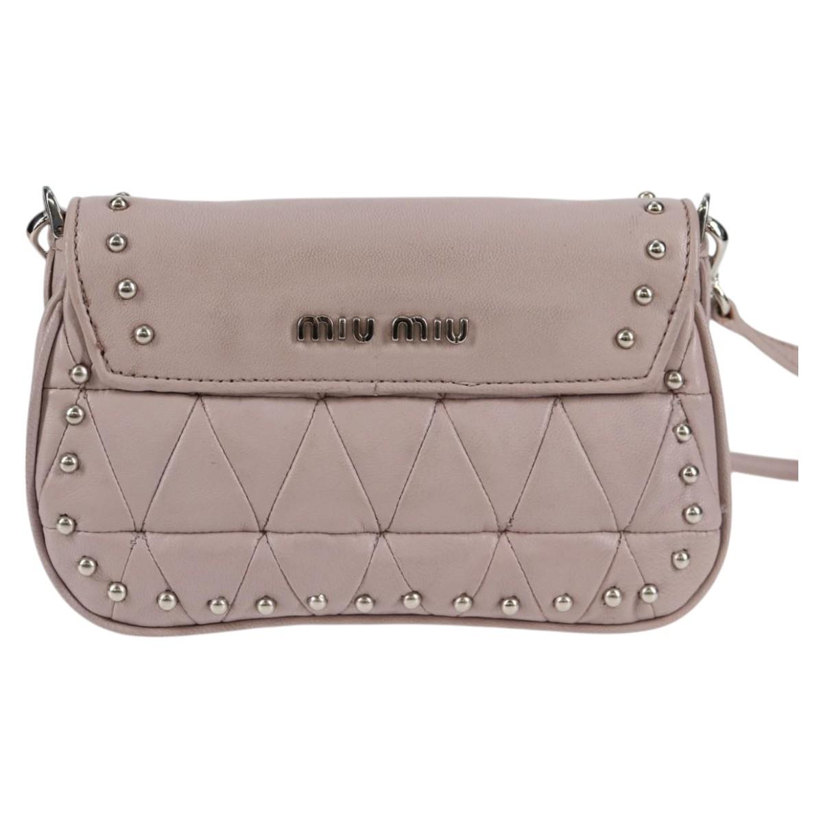 Miu Miu Studs Chain Shoulder Bag Leather Pink Silver