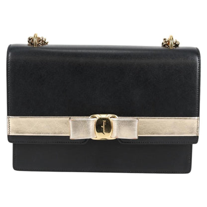 Salvatore Ferragamo Vala Chain Shoulder Bag Leather Black Gold