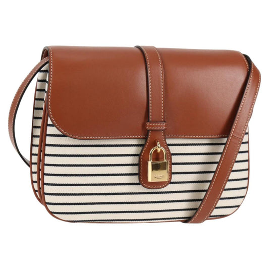 Celine Shoulder Bag Canvas Leather Brown Gold